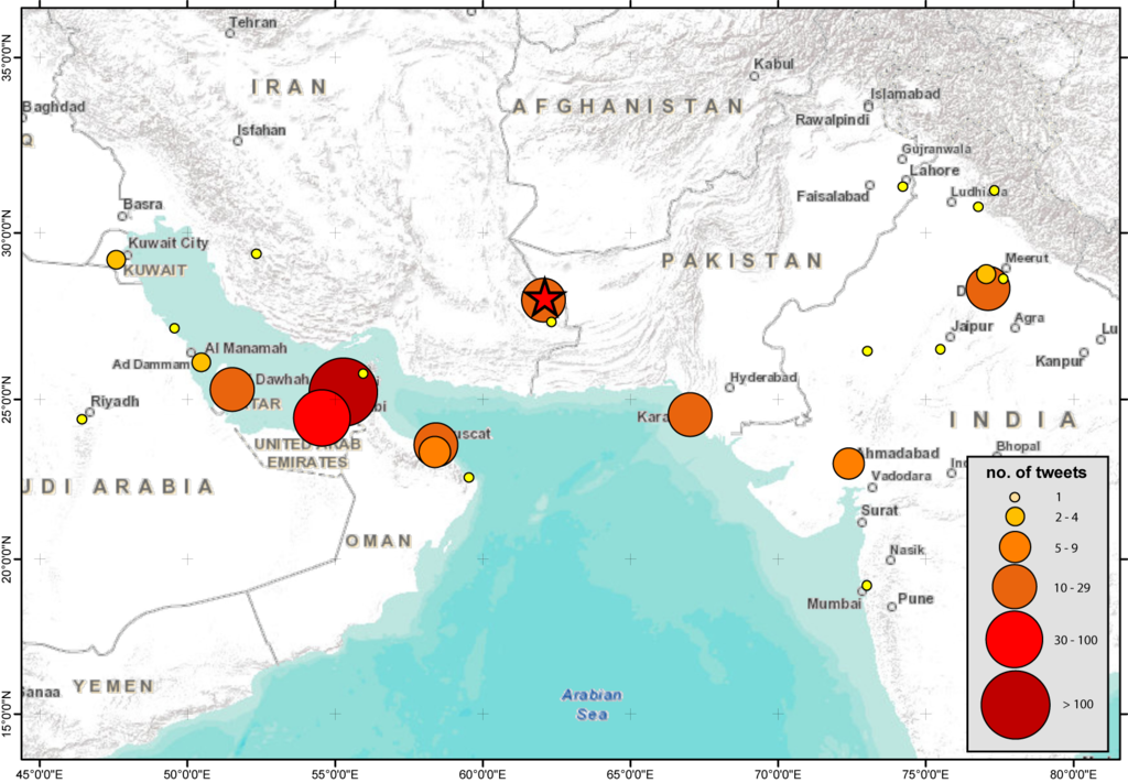 Iran earthquake Tweets per location