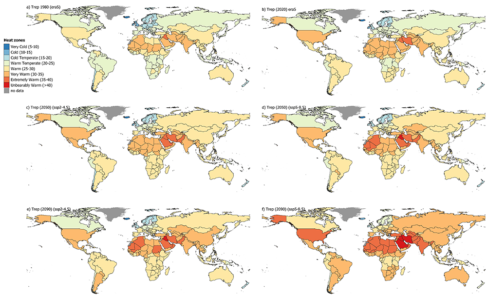 Karten zur globalen Temperaturveränderung von 1980 bis 2090 in verschiedenen Szenarien.